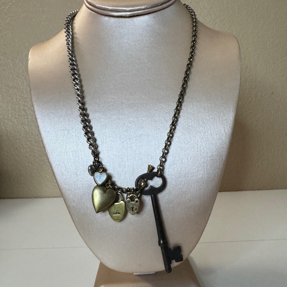 Fossil Mixed Metal Heart Charm Skeleton Key Locket Toggle Necklace Two Tone